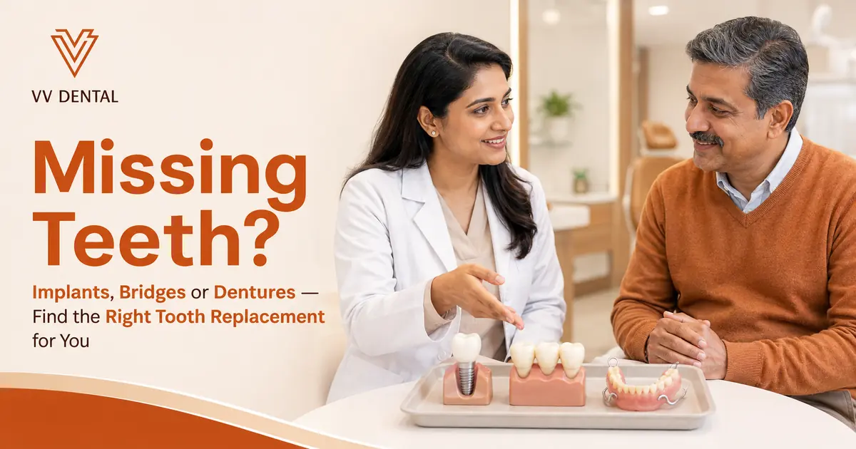 Missing Teeth? Know Your Options  Tagline: Implants, Bridges or Dentures — Find the Right Tooth Replacement for You